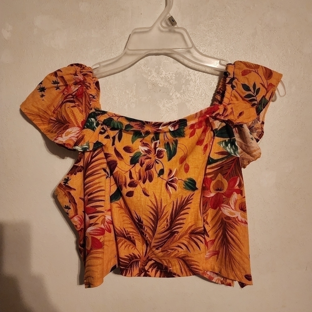 Rachel Roy Tropical Floral Crop Top Linen Rayon Size L NWOT